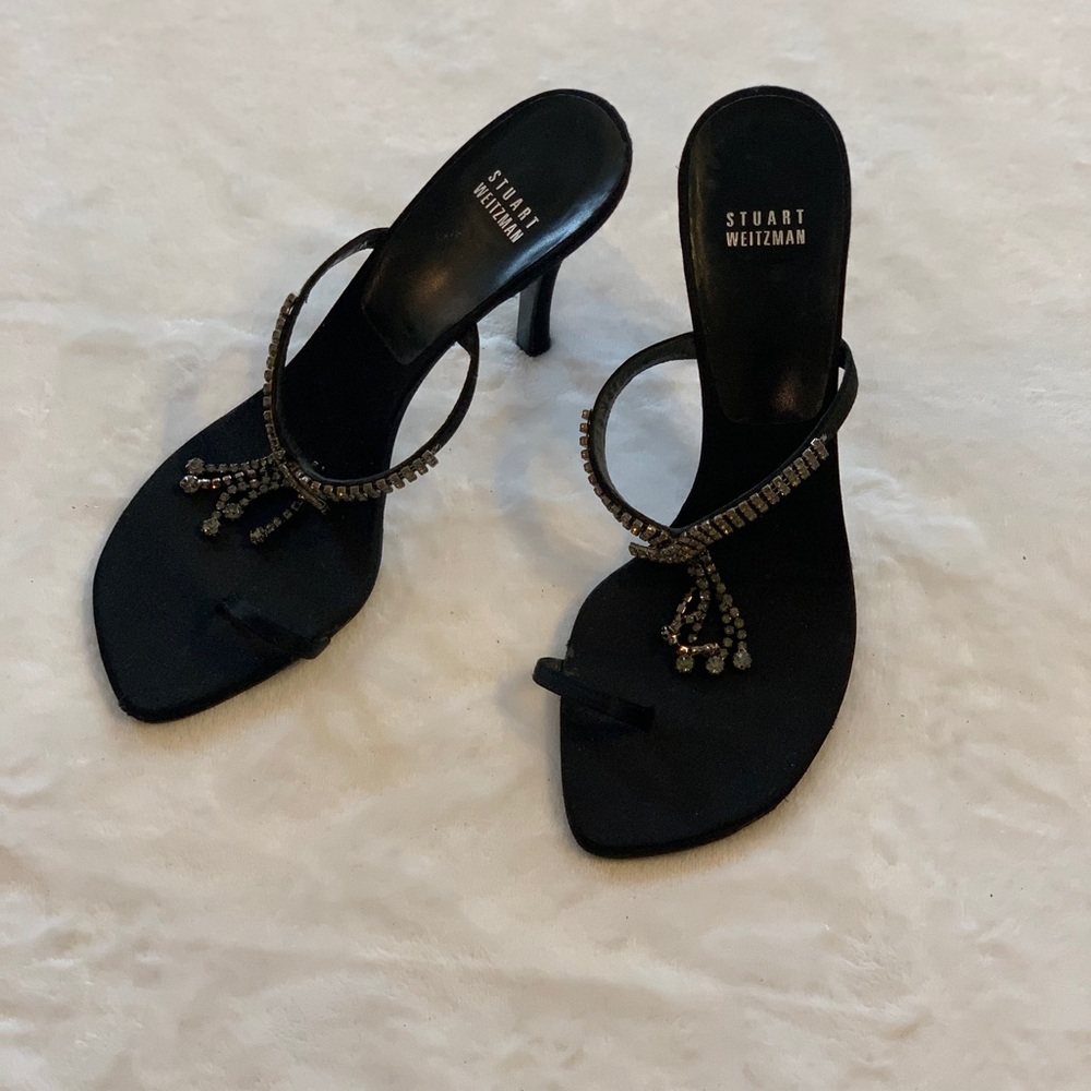 Stuart Weitzman Never Worn Black Satin & Rhinestone Mule Heels w/Toe Strap Sz 10
